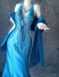 Ndyad Blue Mermaid V Neck Satin Long Prom Dresses Formal Evening Dress with Open Back HZ1024