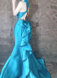 Ndyad Blue Mermaid V Neck Satin Long Prom Dresses Formal Evening Dress with Open Back HZ1024
