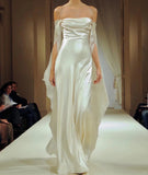 Ndyad White Spaghetti Straps Sheath Satin Long Prom Dresses Formal Evening Dresses with Open Back HZ1024