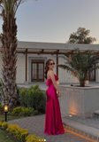 Ndyad Strong Pink Spaghetti Straps Sheath Satin Long Prom Dresses Formal Evening Dresses with Slits HZ1024