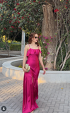 Ndyad Strong Pink Spaghetti Straps Sheath Satin Long Prom Dresses Formal Evening Dresses with Slits HZ1024