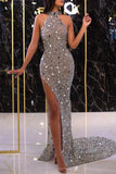 Ndyad Silver Bodycon Sequins Long Prom Dresses Formal Evening Gowns with Slits HZ1024
