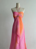 Ndyad Pink/Orange Halter Neck Sheath Chiffon Long Prom Dresses Vintage Evening Dress HZ1024
