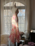Ndyad Spaghetti Straps Printed Chiffon Mermaid Evening Gowns Backless Long Stunning Prom Dresses HZ1024