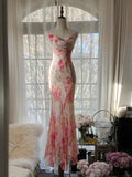 Ndyad Spaghetti Straps Printed Chiffon Mermaid Evening Gowns Backless Long Stunning Prom Dresses HZ1024