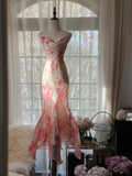 Ndyad Spaghetti Straps Printed Chiffon Mermaid Evening Gowns Backless Long Stunning Prom Dresses HZ1024
