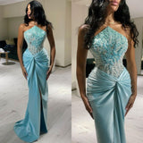 Ndyad Blue Strapless Sheath Satin Beading Long Prom Dresses Formal Evening Gownsses HZ1024