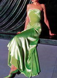 Ndyad Green Strapless Sheath Satin Long Prom Dresses Formal Elegant Evening Gowns HZ1024