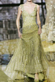 Ndyad Green V-neck A-Line Tulle Sequins Long Prom Dresses Formal Evening Gowns with Beading HZ1024