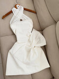 Ndyad White Halter A-Line Satin Short Party Dresses with Bow HZ1024