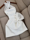 Ndyad White Halter A-Line Satin Short Party Dresses with Bow HZ1024