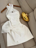Ndyad White Halter A-Line Satin Short Party Dresses with Bow HZ1024
