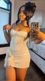 Ndyad White Strapless Bodycon Sequined Short Party Dresses Homecoming Dress with Slits HZ1024