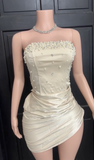 Ndyad Apricot Strapless Sheath Beaded Satin Short Party Dresses Elegant Homecoming Dresses HZ1024