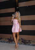 Ndyad Pink Strapless A-Line Jacquard Satin Short Evening Gown Cocktail Party Dress HZ1024