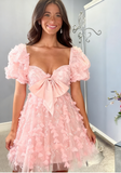 Ndyad Pink Sweetheart Neck A-Line Tulle Applique Short Prom Dresses Sweet Homecoming Dress HZ1024