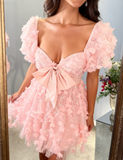 Ndyad Pink Sweetheart Neck A-Line Tulle Applique Short Prom Dresses Sweet Homecoming Dress HZ1024