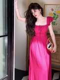 Ndyad Retro Red Square Neck Fly Sleeve Dress HZ1024