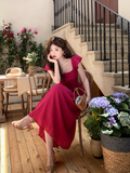 Ndyad Retro Red Square Neck Fly Sleeve Dress HZ1024