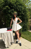 Ndyad White V-neck A-line Satin Short Birthday Dress Pool Party Dress HZ1024