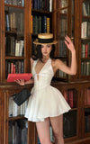 Ndyad White V-neck A-line Satin Short Birthday Dress Pool Party Dress HZ1024