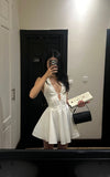 Ndyad White V-neck A-line Satin Short Birthday Dress Pool Party Dress HZ1024