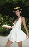 Ndyad White V-neck A-line Satin Short Birthday Dress Pool Party Dress HZ1024