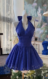Ndyad Navy Blue Halter A-Line Short Party Dress Sweet 16 Dress with Open Back HZ1024