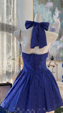 Ndyad Navy Blue Halter A-Line Short Party Dress Sweet 16 Dress with Open Back HZ1024