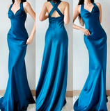 Ndyad Blue Halter Mermaid Evening Gowns Elegant Satin Long Prom Dresses HZ1024