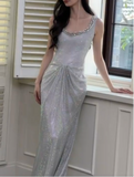 Ndyad Silver Boat Neck Mermaid Glitter Satin Long Prom Dresses Formal Evening Gowns HZ1024