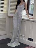 Ndyad Silver Boat Neck Mermaid Glitter Satin Long Prom Dresses Formal Evening Gowns HZ1024