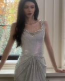 Ndyad Silver Boat Neck Mermaid Glitter Satin Long Prom Dresses Formal Evening Gowns HZ1024