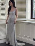 Ndyad Silver Boat Neck Mermaid Glitter Satin Long Prom Dresses Formal Evening Gowns HZ1024