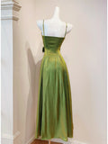 Ndyad Green Spaghetti Straps A-Line Satin Long Prom Dresses Birthday Evening Gowns HZ1024