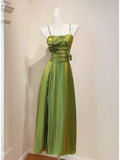 Ndyad Green Spaghetti Straps A-Line Satin Long Prom Dresses Birthday Evening Gowns HZ1024