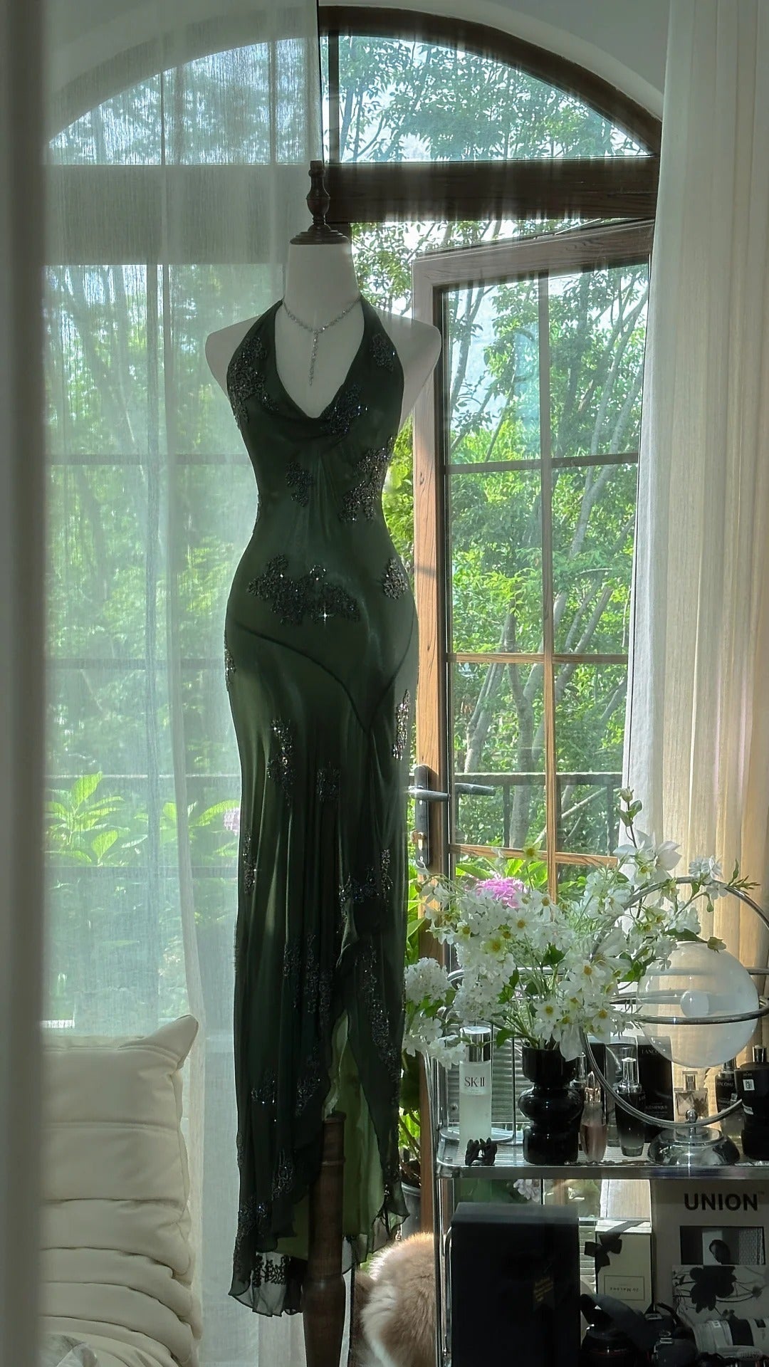 Ndyad Green Halter Sheath Beaded Chiffon Long Prom Dresses Elegant Green Evening Gowns HZ1024