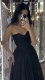 Ndyad Black Strapless A-Line Tulle Long Prom Dresses Formal Evening Gowns HZ1024