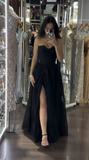 Ndyad Black Strapless A-Line Tulle Long Prom Dresses Formal Evening Gowns HZ1024