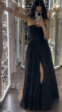 Ndyad Black Strapless A-Line Tulle Long Prom Dresses Formal Evening Gowns HZ1024