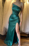 Ndyad Green Spaghetti Straps Sheath Satin Long Prom Dresses Elegant Evening Gowns with Slits HZ1024