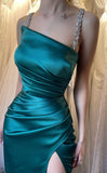 Ndyad Green Spaghetti Straps Sheath Satin Long Prom Dresses Elegant Evening Gowns with Slits HZ1024
