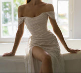 Ndyad Beige Off Shoulder A-Line Sequin Long Prom Dresses Elegant Evening Gowns with Slits HZ1024