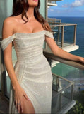 Ndyad Beige Off Shoulder A-Line Sequin Long Prom Dresses Elegant Evening Gowns with Slits HZ1024