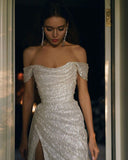 Ndyad Beige Off Shoulder A-Line Sequin Long Prom Dresses Elegant Evening Gowns with Slits HZ1024