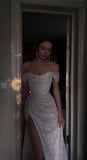 Ndyad Beige Off Shoulder A-Line Sequin Long Prom Dresses Elegant Evening Gowns with Slits HZ1024