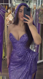 Ndyad Purple Sweetheart Neck Sheath Sequin Long Prom Dresses Elegant Evening Gowns with Slits HZ1024
