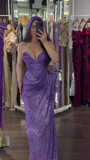 Ndyad Purple Sweetheart Neck Sheath Sequin Long Prom Dresses Elegant Evening Gowns with Slits HZ1024