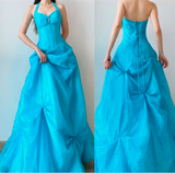 Ndyad Blue Halter Neck A-Line Tulle Long Prom Dresses Sweet 20 Evening Gowns HZ1024