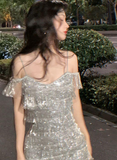 Ndyad Silver Spaghetti Strap Sheath Short Beaded Fashion Party Dress HZ1024